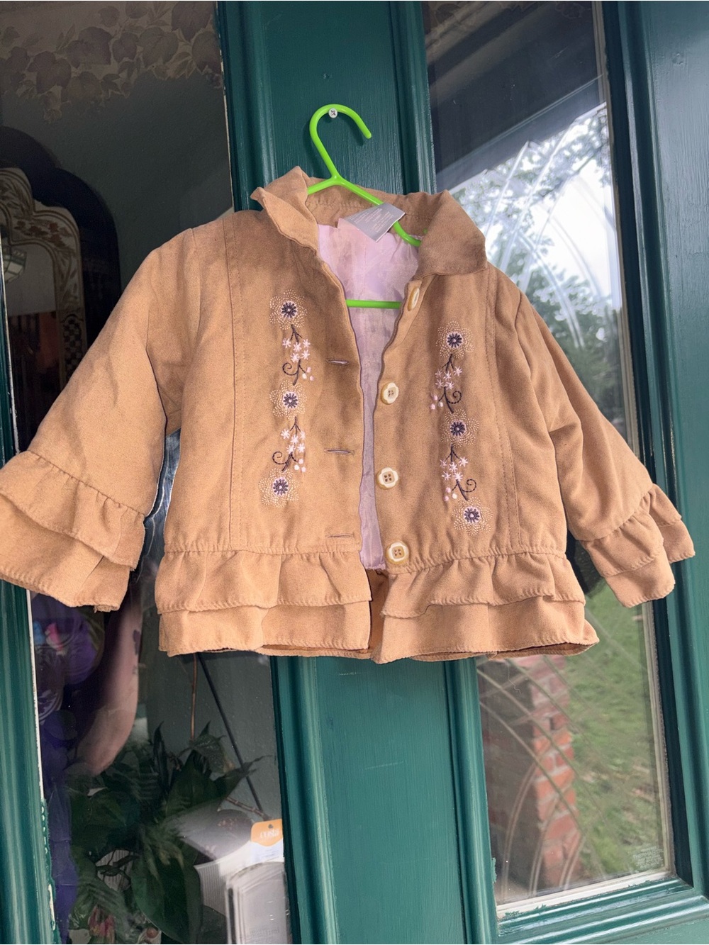 Girls Size 24M Nanette Lepore Girls' Tan Ruffle Embroidered Jacket Faux Seude